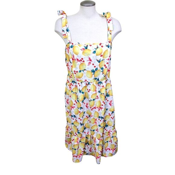 Womens Dress Size Large Lemon Cherry Print Midi Ruffle Hem Wide Strap Sundress - Picture 1 of 5